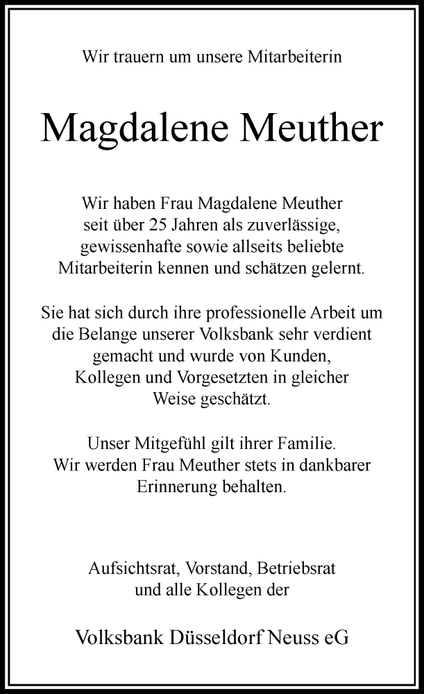  Traueranzeige für Magdalene Meuther vom 26.09.2020 aus Rheinische Post