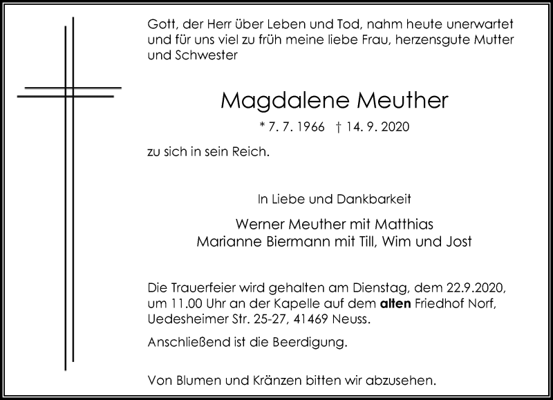  Traueranzeige für Magdalene Meuther vom 17.09.2020 aus Rheinische Post