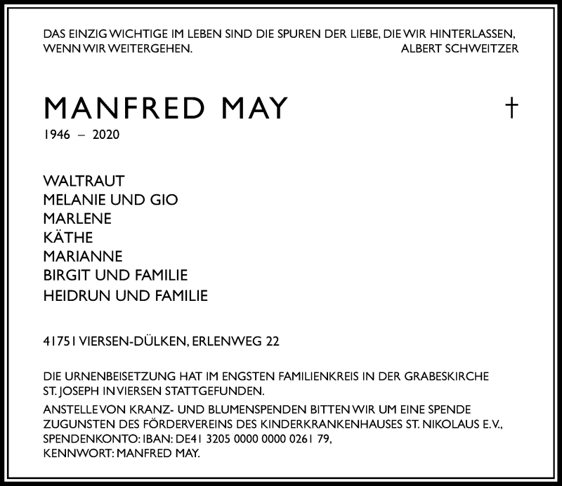  Traueranzeige für Manfred May vom 19.09.2020 aus Rheinische Post