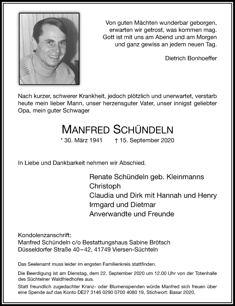  Traueranzeige für Manfred Schündeln vom 19.09.2020 aus Rheinische Post
