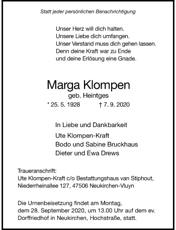 Traueranzeige von Marga Klompen von Rheinische Post