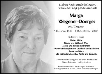 Traueranzeige von Marga Wegener-Doerges von Rheinische Post