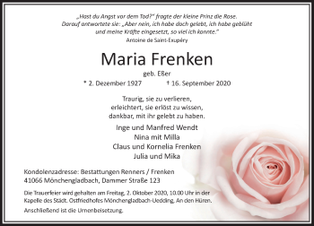 Traueranzeige von Maria Frenken von Rheinische Post