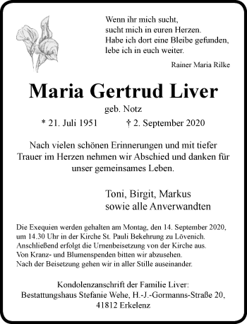 Traueranzeige von Maria Gertrud Liver von Rheinische Post