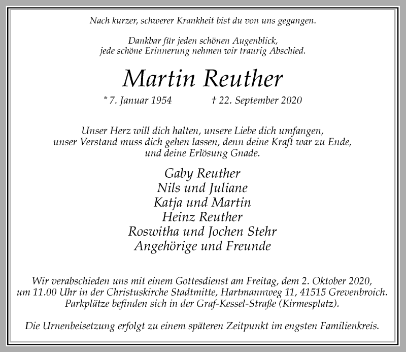  Traueranzeige für Martin Reuther vom 26.09.2020 aus Rheinische Post
