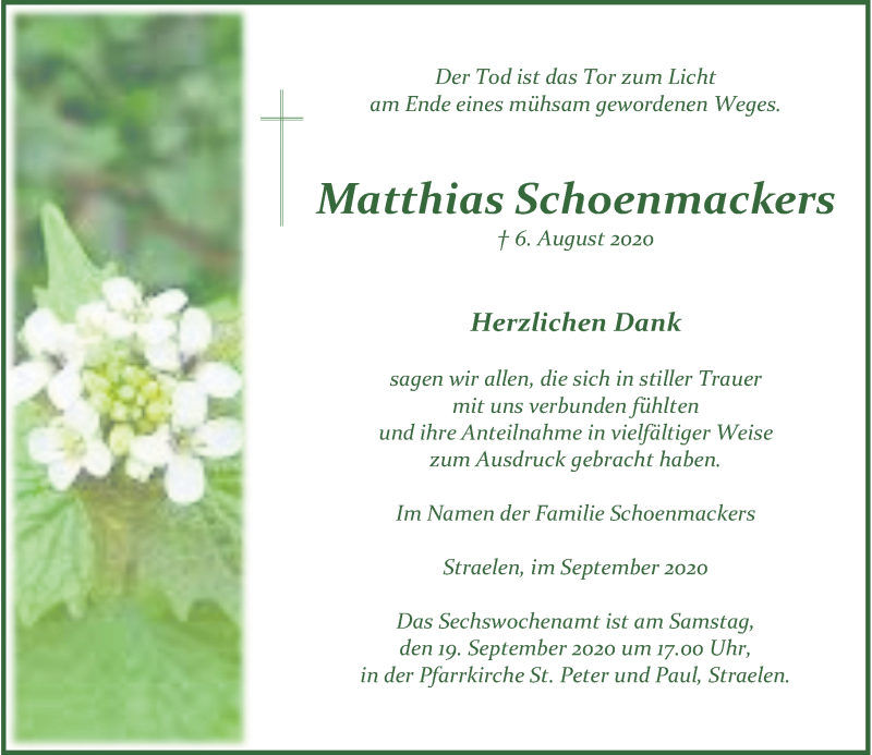  Traueranzeige für Matthias Schoenmackers vom 18.09.2020 aus Rheinische Post