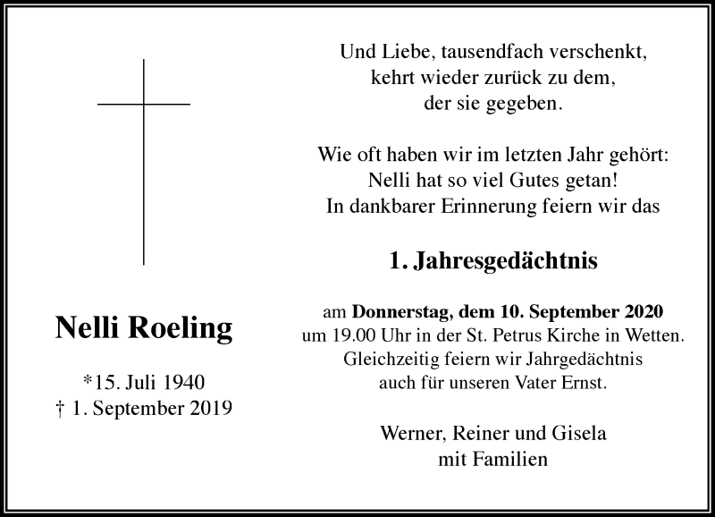  Traueranzeige für Nelli Roeling vom 05.09.2020 aus Rheinische Post
