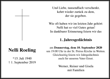 Traueranzeige von Nelli Roeling von Rheinische Post