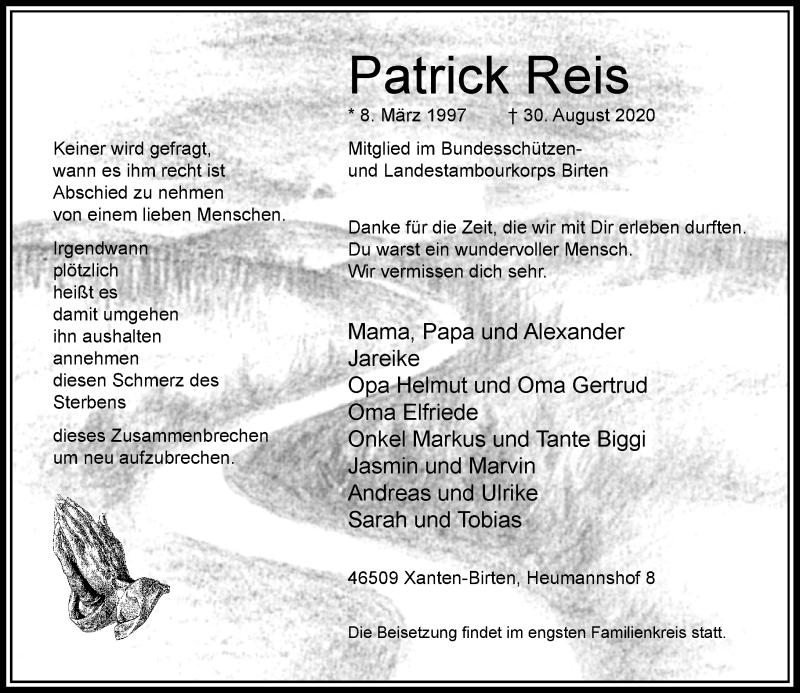  Traueranzeige für Patrick Reis vom 05.09.2020 aus Rheinische Post