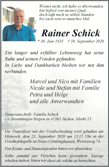 Traueranzeige von Rainer Schick von Rheinische Post