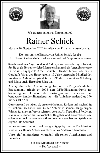 Traueranzeige von Rainer Schick von Rheinische Post