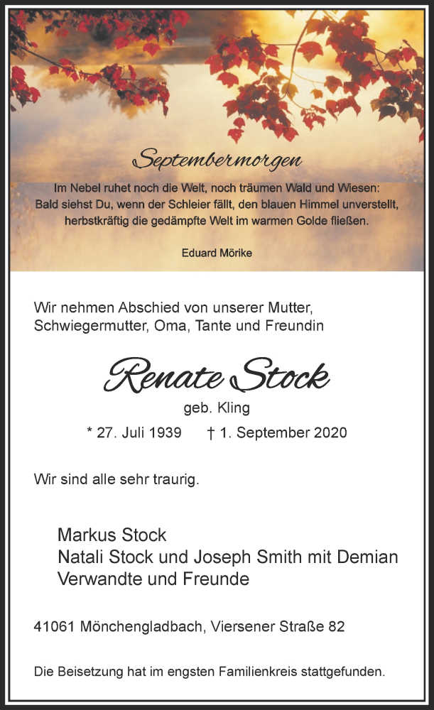  Traueranzeige für Renate Stock vom 19.09.2020 aus Rheinische Post