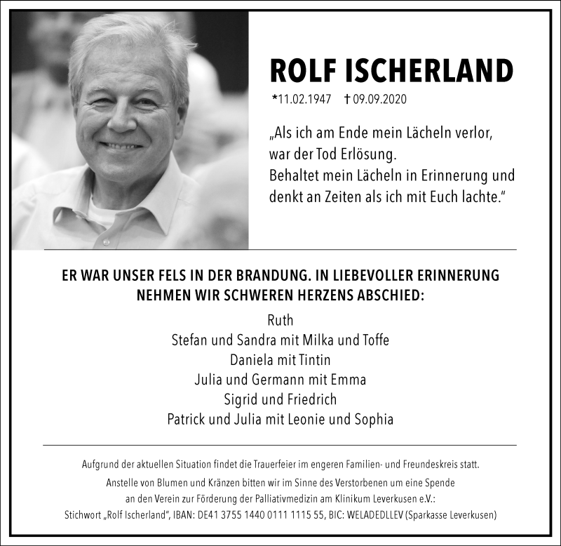  Traueranzeige für Rolf Ischerland vom 19.09.2020 aus Rheinische Post