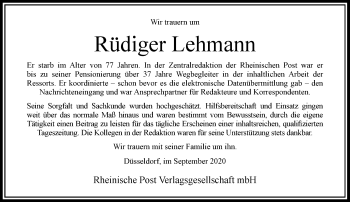 Traueranzeige von Rüdiger Lehmann von Rheinische Post