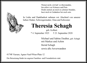 Traueranzeige von Theresia Schagh von Rheinische Post