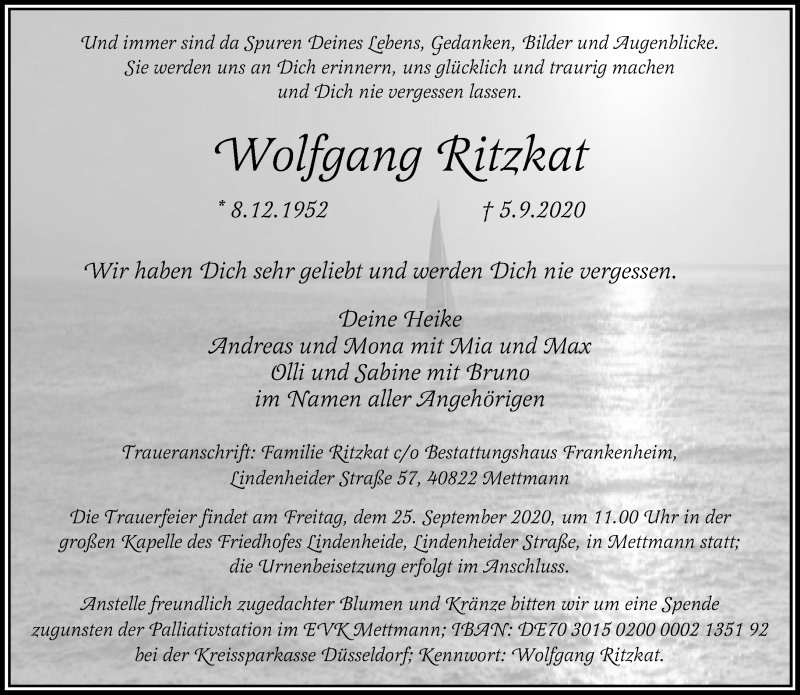  Traueranzeige für Wolfgang Ritzkat vom 12.09.2020 aus Rheinische Post