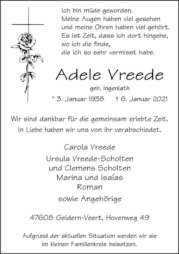  Traueranzeige für Adele Vreede vom 09.01.2021 aus Rheinische Post