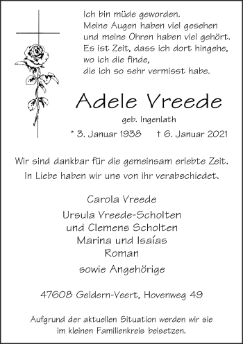 Traueranzeige von Adele Vreede von Rheinische Post