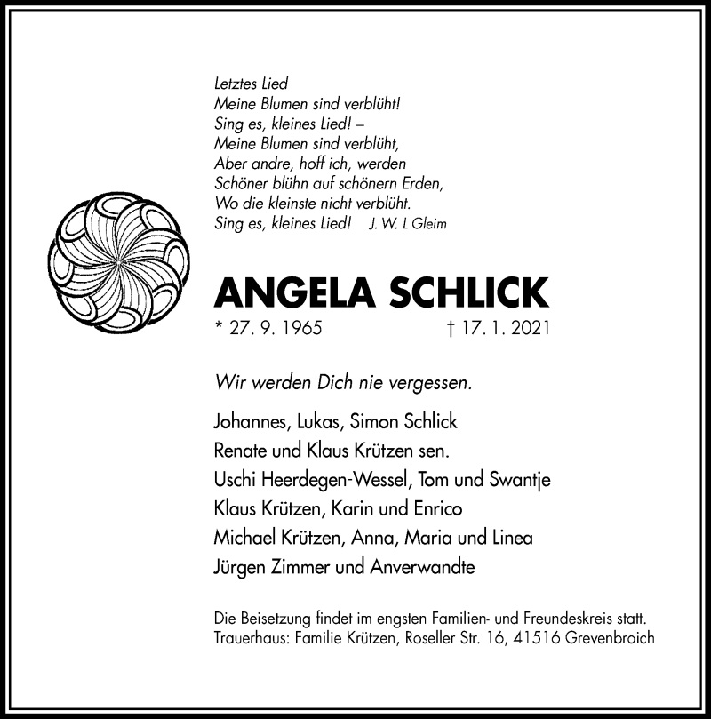  Traueranzeige für Angela Schlick vom 23.01.2021 aus Rheinische Post