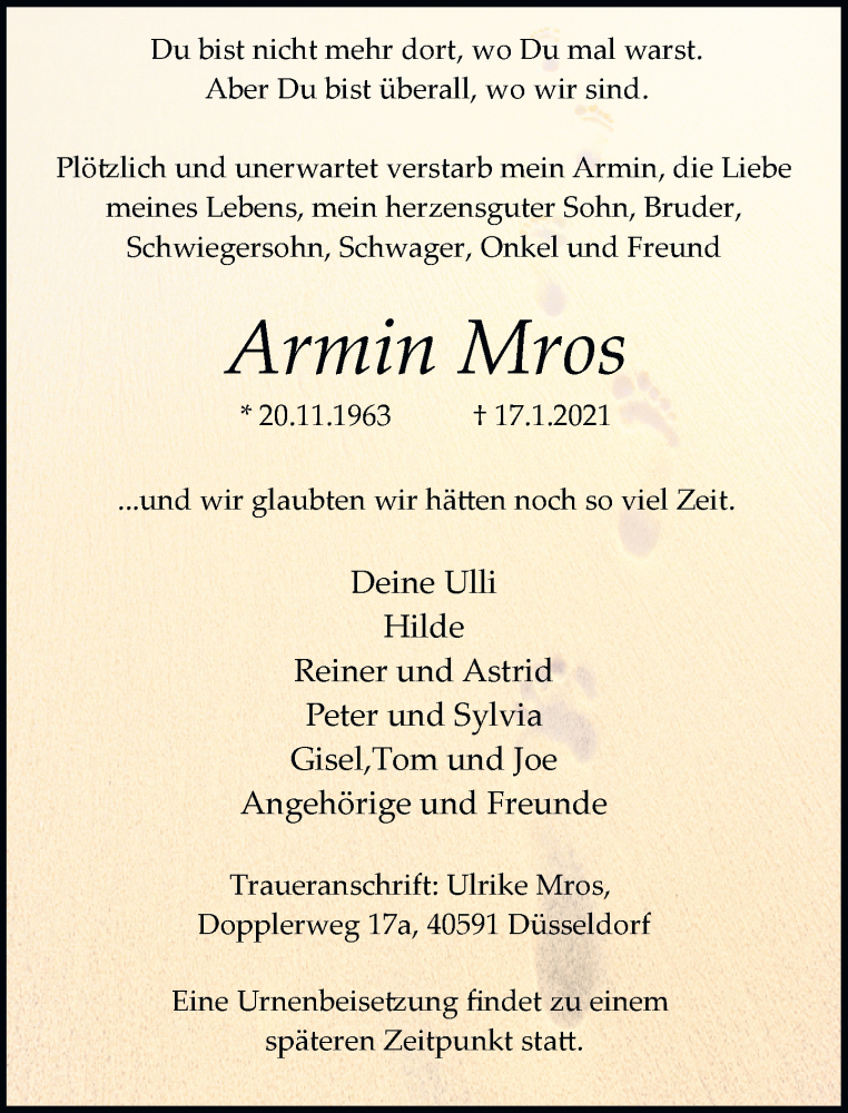  Traueranzeige für Armin Mros vom 23.01.2021 aus Rheinische Post