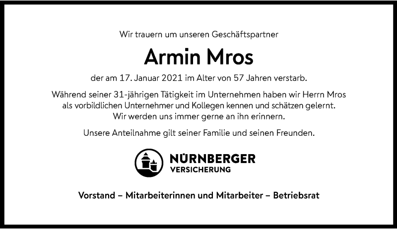  Traueranzeige für Armin Mros vom 29.01.2021 aus Rheinische Post