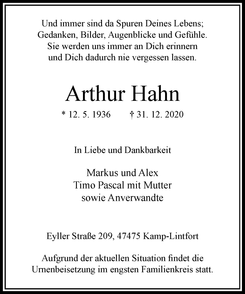  Traueranzeige für Arthur Hahn vom 09.01.2021 aus Rheinische Post