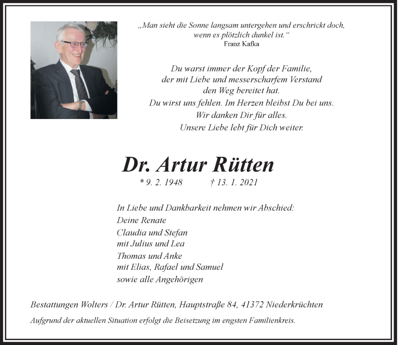  Traueranzeige für Artur Rütten vom 16.01.2021 aus Rheinische Post