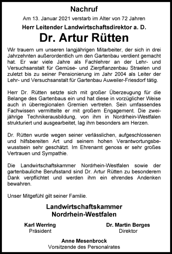 Traueranzeige von Artur Rütten von Rheinische Post