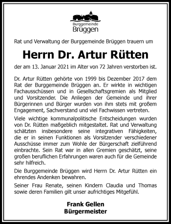 Traueranzeige von Artur Rütten von Rheinische Post