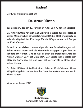 Traueranzeige von Artur Rütten von Rheinische Post