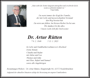 Traueranzeige von Artur Rütten von Rheinische Post