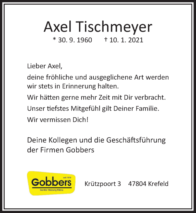  Traueranzeige für Axel Tischmeyer vom 16.01.2021 aus Rheinische Post