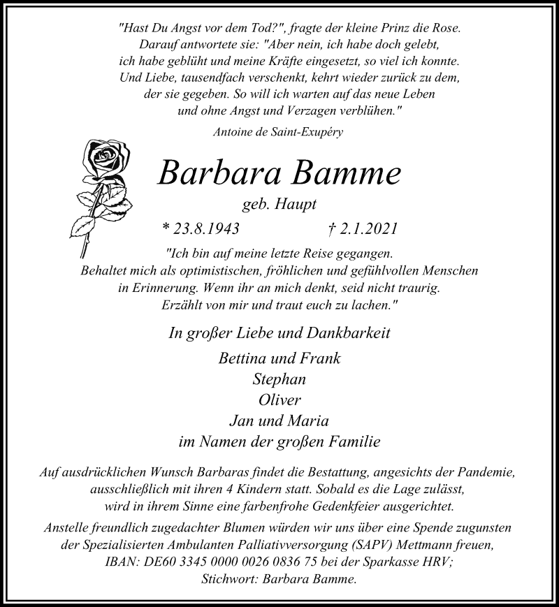  Traueranzeige für Barbara Bamme vom 09.01.2021 aus Rheinische Post