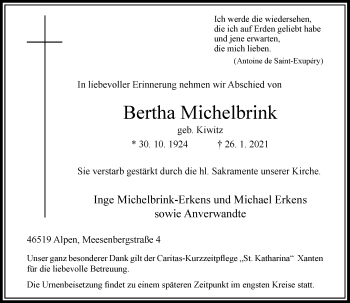 Traueranzeige von Bertha Michelbrink von Rheinische Post