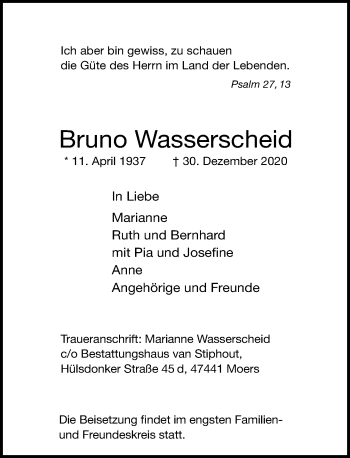 Traueranzeige von Bruno Wasserscheid von Rheinische Post