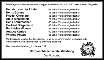 Traueranzeige von Bürgerschützenverein Mehrhoog gedenkt von Rheinische Post
