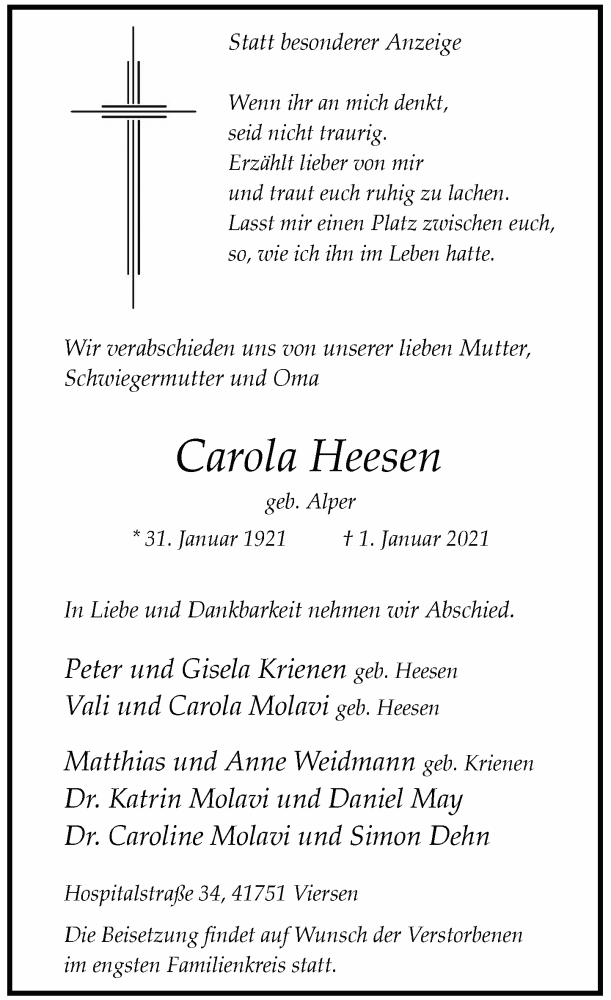  Traueranzeige für Carola Heesen vom 09.01.2021 aus Rheinische Post