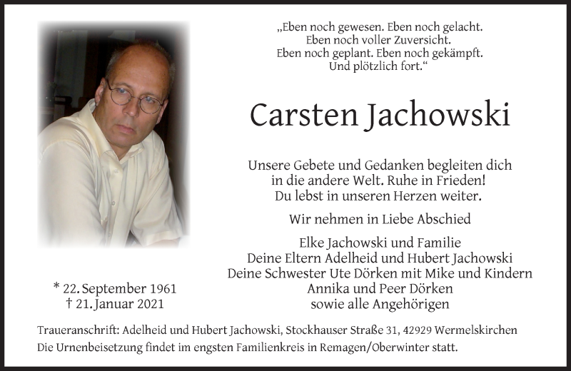  Traueranzeige für Carsten Jachowski vom 30.01.2021 aus Rheinische Post