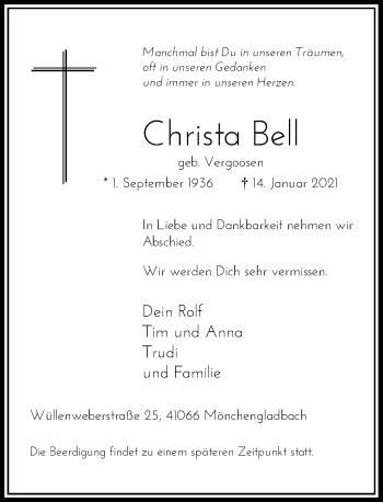 Traueranzeige von Christa Bell von Rheinische Post