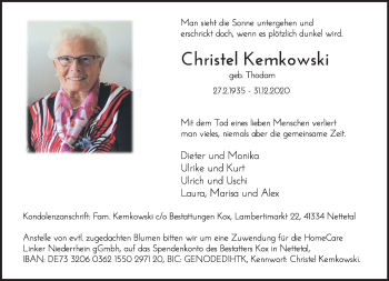Traueranzeige von Christel Kemkowski von Rheinische Post