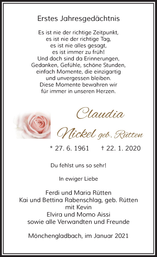  Traueranzeige für Claudia Nickel vom 23.01.2021 aus Rheinische Post