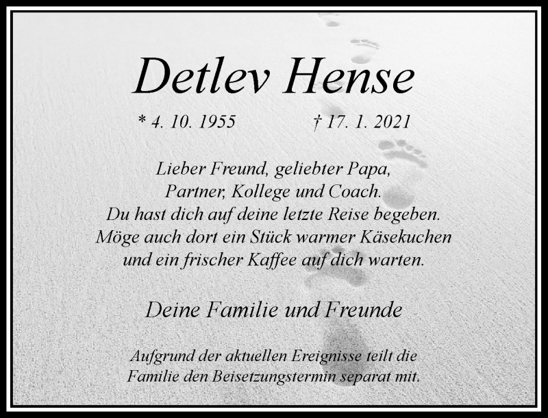  Traueranzeige für Detlev Hense vom 23.01.2021 aus Rheinische Post