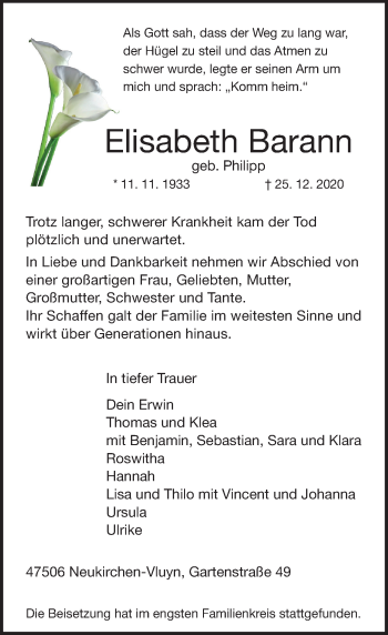 Traueranzeige von Elisabeth Barann von Rheinische Post