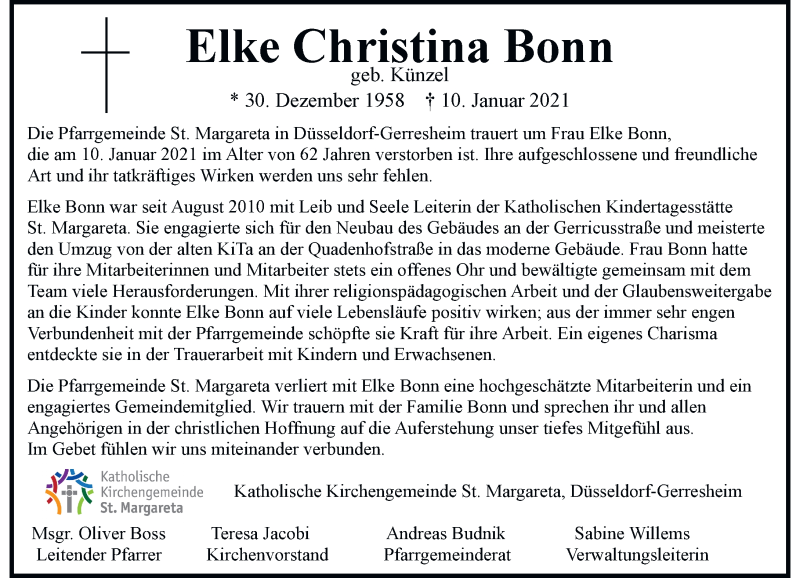  Traueranzeige für Elke Christina Bonn vom 16.01.2021 aus Rheinische Post