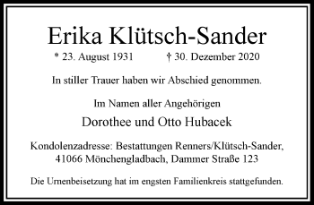 Traueranzeige von Erika Klütsch-Sander von Rheinische Post