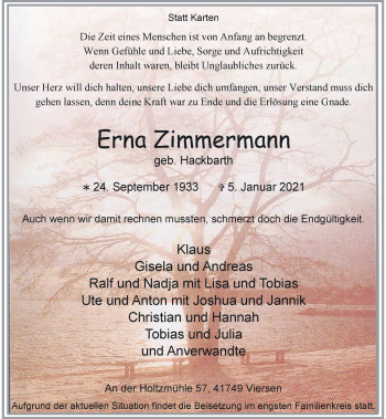 Traueranzeige von Erna Zimmermann von Rheinische Post