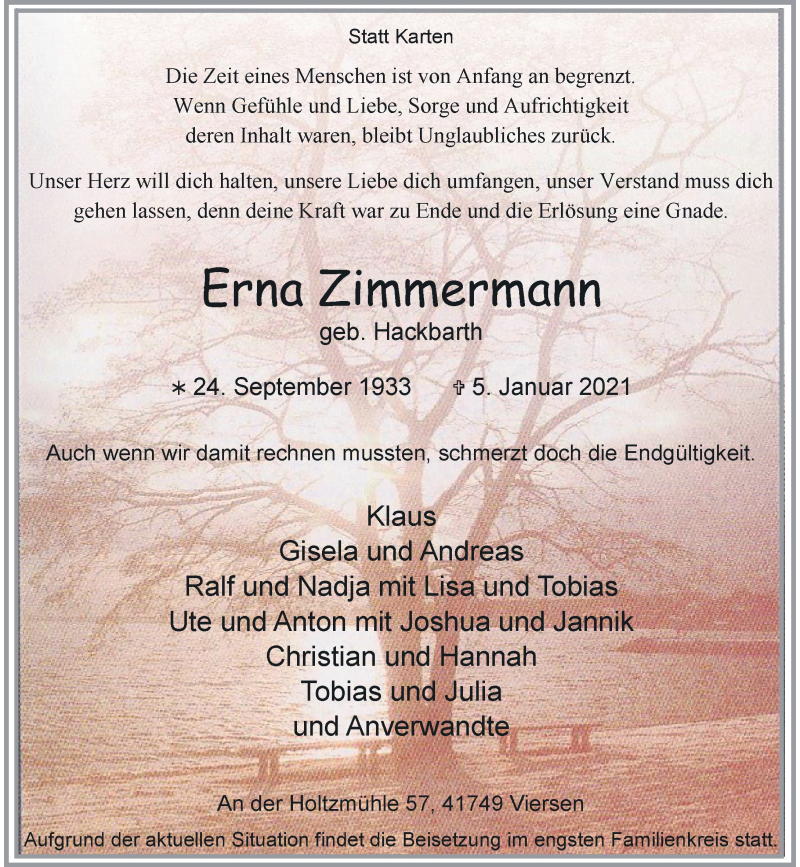  Traueranzeige für Erna Zimmermann vom 16.01.2021 aus Rheinische Post