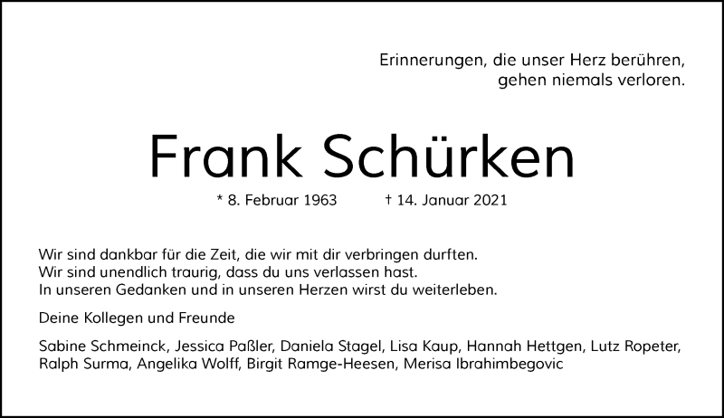  Traueranzeige für Frank Schürken vom 23.01.2021 aus Rheinische Post