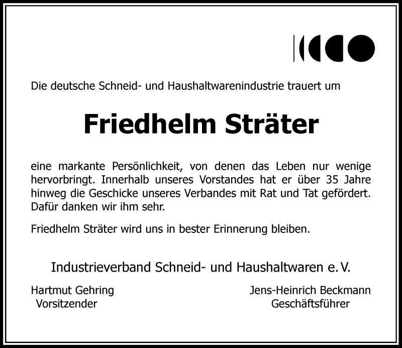  Traueranzeige für Friedhelm Sträter vom 16.01.2021 aus Rheinische Post