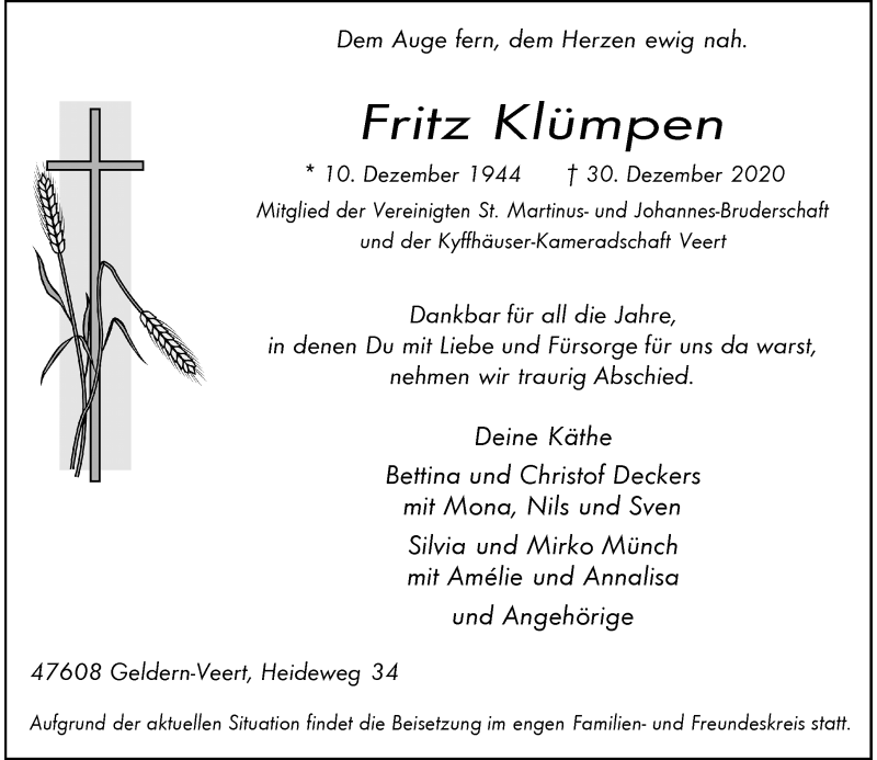  Traueranzeige für Fritz Klümpen vom 05.01.2021 aus Rheinische Post